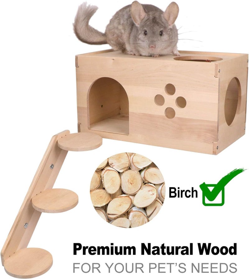 YKD Chinchilla Wooden House with Ladder - Small Animal Hideout for Squirrel or Sugar Gliders - Ventilated Wooden Chinchilla Hut Hideout with Multiple Doors - Image 4
